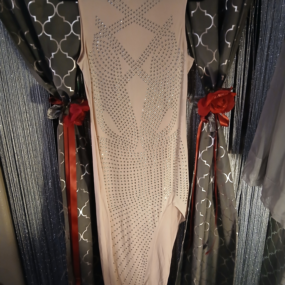 Haute Monde Beige Asymmetrical Dress with Silver Accents